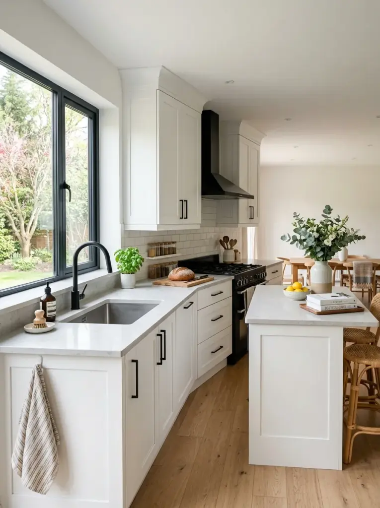 Ultra-realistic white kitchen with white shaker cabinets, slim matte black cabinet handles, black faucet, black window frames, neatly made, beautifully arranged, organized, clean, bright natural light entering from large side windows highlighting cabinet edges, vibrant yet balanced colors, authentic family home, Pinterest-ready stock photography, DSLR quality, no people, no 3D render.