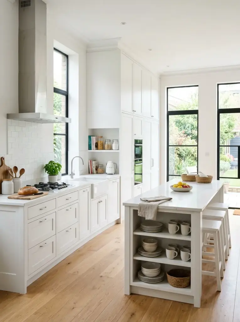 Ultra-realistic white kitchen with floor-to-ceiling white cabinets, seamless storage, minimal crown molding, neatly made, beautifully arranged, organized, clean, bright natural light flowing from tall side windows, vibrant whites, realistic family kitchen, Pinterest aesthetic, premium stock photography, high-detail DSLR image, no people, no CGI.