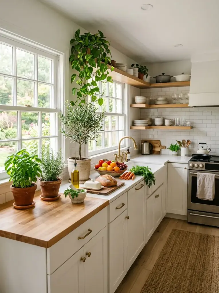 Authentic white kitchen featuring fresh basil, rosemary, trailing pothos, and a small olive tree, neatly made, beautifully arranged, organized, clean, bright natural light from side windows illuminating vibrant green foliage, colorful fresh produce on countertop, realistic home photography, Pinterest-worthy stock photo, no people, no render.