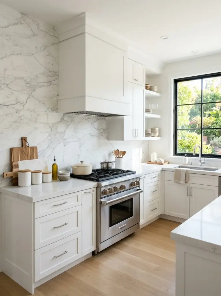 Ultra-realistic white kitchen with full-height white marble backsplash featuring soft gray veining, white cabinets, elegant quartz countertops, neatly made, beautifully arranged, organized, clean, bright natural light washing across the stone from large side windows, vibrant crisp colors, premium stock photography, DSLR realism, no people, no 3D render.