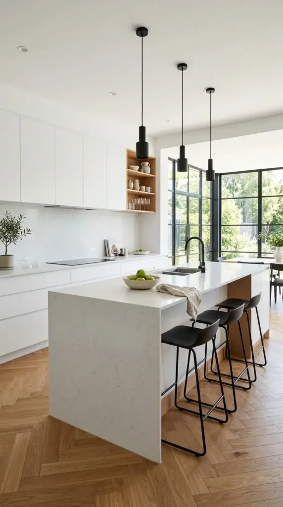 A refined European-inspired modern kitchen with tall handleless cabinetry in warm taupe, integrated appliances, natural travertine countertops and backsplash, fluted glass pantry doors, minimalist brass fixtures, herringbone oak flooring, oversized windows, understated luxury styling, curated ceramics and fresh olive branches, editorial interior magazine photography, ultra realistic, timeless contemporary design, no people, no logos.